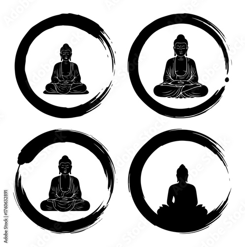 Meditating Buddha in Zen enso circle vector icon set. Buddhist symbol with ink brush stroke for meditation and yoga.