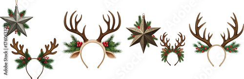 Christmas Reindeer Antler Headbands and Star Ornament Vector Set with Holly Berries and Fir Branches.