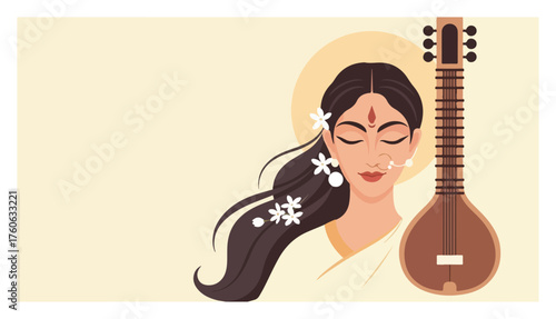 Goddess Saraswati with veena vector illustration. Beautiful Hindu deity of knowledge and music for Vasant Panchami festival.