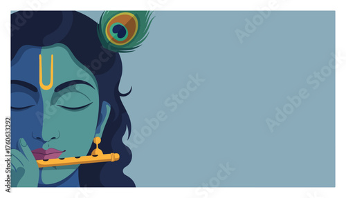 Lord Krishna playing flute vector background. Modern flat illustration of Hindu God for Janmashtami festival banner.