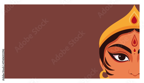 Half face of Hindu Goddess Durga. Modern flat vector illustration for Navratri or Durga Puja festival. Greeting card background with copy space.