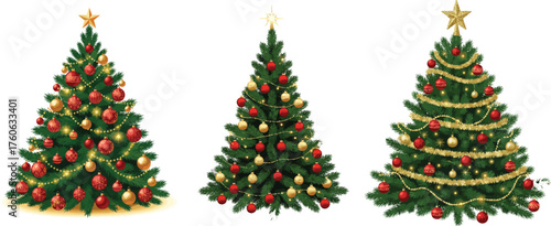 Set of Realistic Christmas Trees Decorated with Red and Gold Ornaments, Star Toppers, and Glowing Lights.