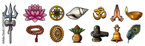 Hindu Symbols Icon Set – Color Vector Collection of Trishul Lotus Conch Om and Ritual Items