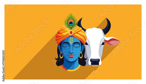 Krishna and Cow Icon Minimal Flat Vector Illustration