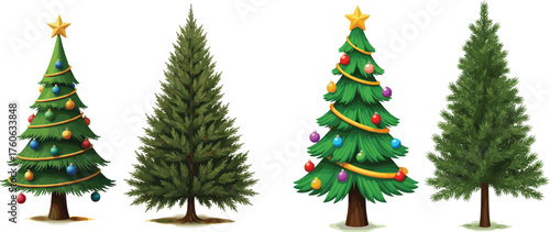 Christmas Tree Vector Set: Cartoon Decorated Pines and Realistic Fluffy Fir Trees with Gold Star.