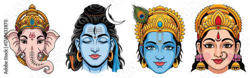 Hindu Gods and Goddesses vector face set. Colorful cartoon collection with Ganesha Shiva Krishna and Lakshmi icons.