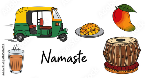 Colorful set of Indian travel and culture symbols. Vector collection with auto rickshaw masala chai mango fruit and tabla drum. Namaste greeting illustration.