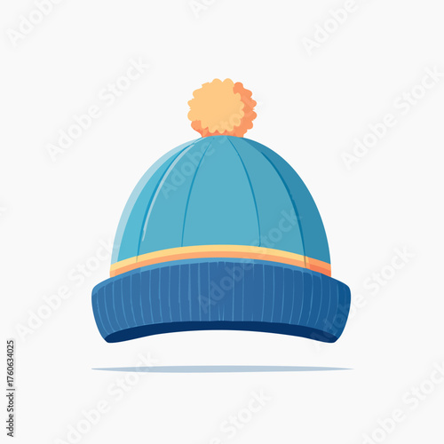 Blue knitted winter hat with orange pompom and stripe.