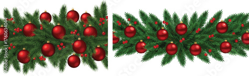 Christmas Fir Pine Tree Garland Border Vector with Red Ornaments and Holly Berries Illustration.