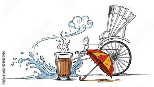 Indian monsoon season concept with chai and hand-pulled rickshaw. Vector illustration of a rainy day in Kolkata with a hot cup of tea. Travel to India art.
