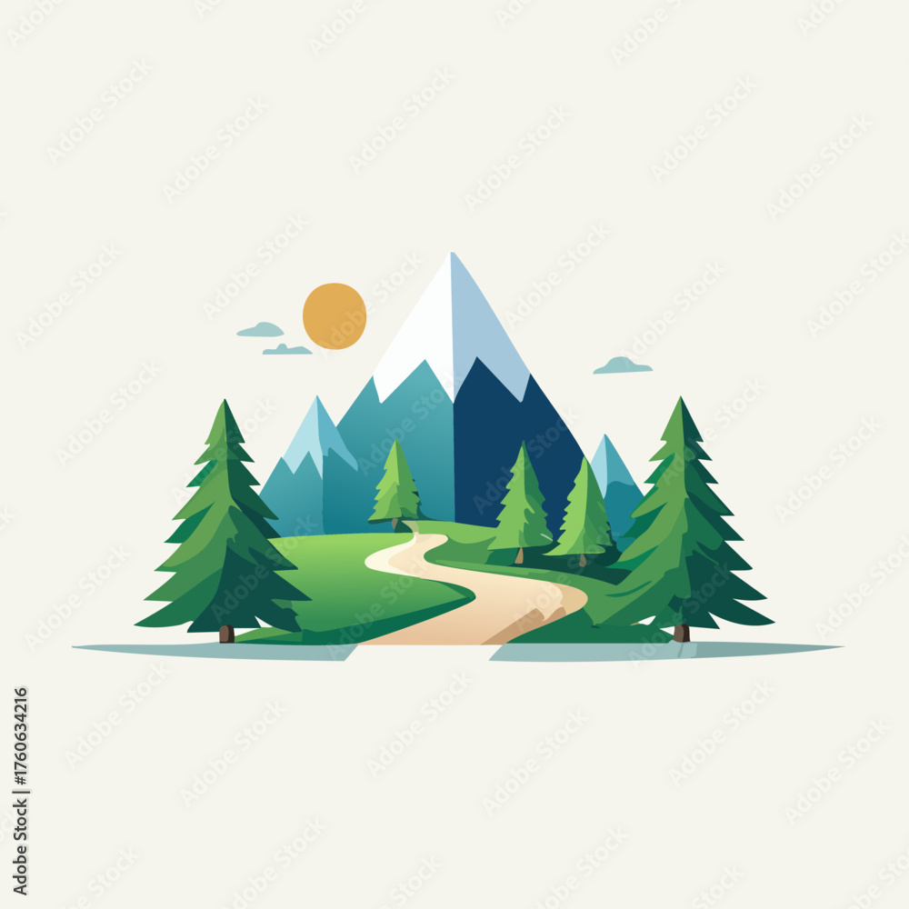 Fototapeta premium Minimalist Mountain Landscape with Winding Path and Pine Trees.