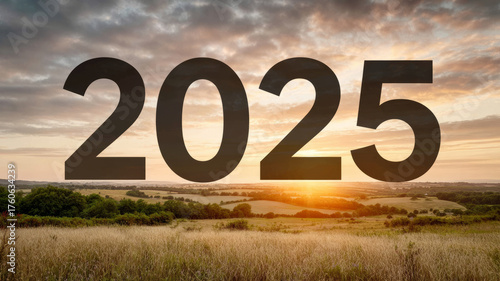 2025 bold numbers over serene countryside at sunrise.