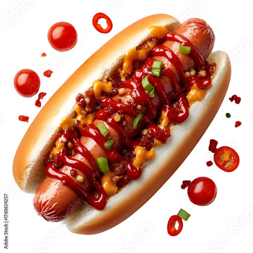Colorful hot dog with toppings on transparent background