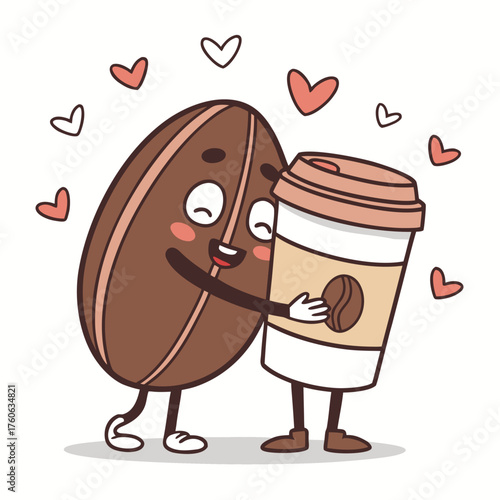 cute coffee bean hugging a cup with tiny hearts.