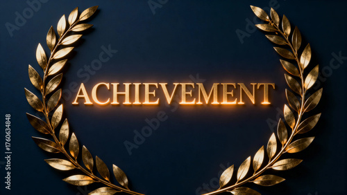 Golden laurel wreath with the word 'ACHIEVEMENT' illuminated on a dark background