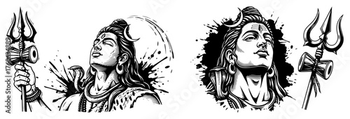 Lord Shiva Portrait with Trident and Damaru Ink Splash Vector