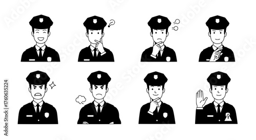 Police Officer Character Expressions and Emotional Poses Vector Collection