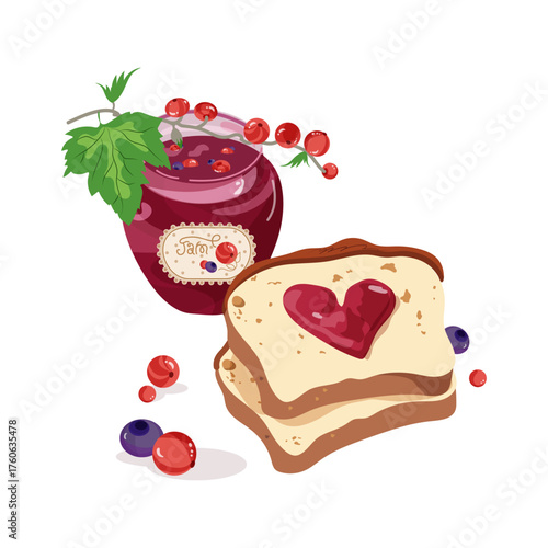 Jar of currant jam with a sprig of currant berries and slices toasted of white bread. Vector illustration on a white background. Bread with currant jam. Breakfast still life vector