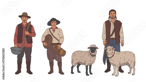 Medieval or historical figures with sheep in traditional clothing