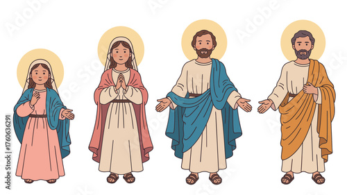 Four holy figures with halos representing religious icons