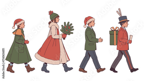 Vintage christmas carolers and gift bearers walking in a procession