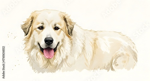 Charming watercolor artwork of a Great Pyrenees dog with a gentle smile, perfect for pet lovers and animal-themed designs, full of endearing character