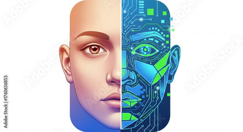 Artificial intelligence concept a face split between human and digital, symbolizing ai, future technology, and digital transformation
