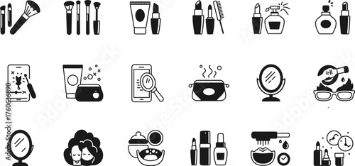 Beauty and Cosmetic Icons Collection Makeup Tools Skincare and Digital Beauty Assistance Set in Outline Style