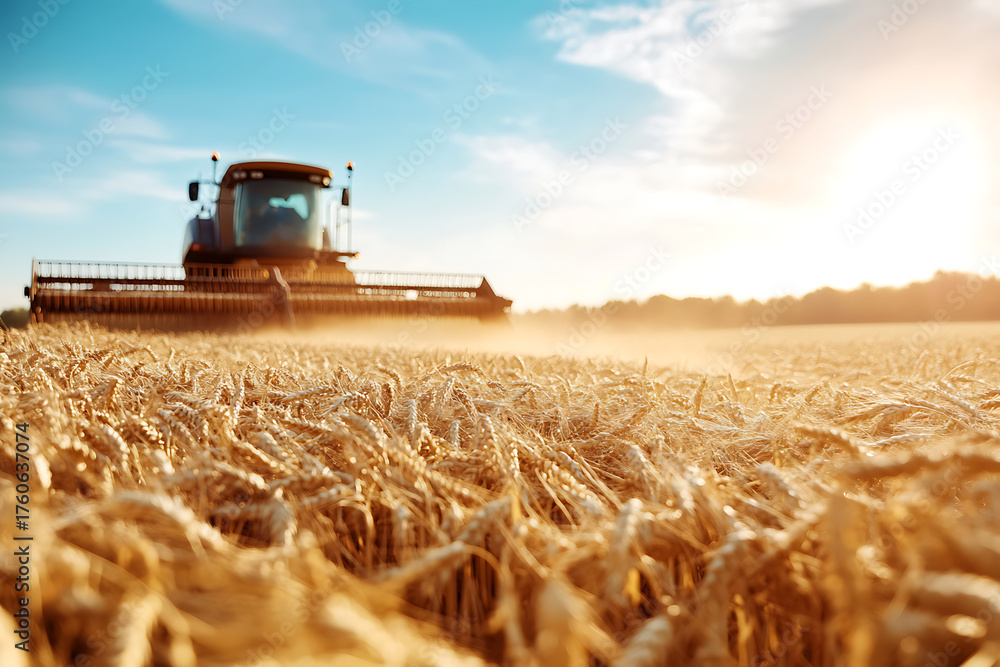 Obraz premium Golden wheat fields stretch under a bright sky, a combine harvester blurring in the background, signifying the peak of harvest season and the bounty of the land.