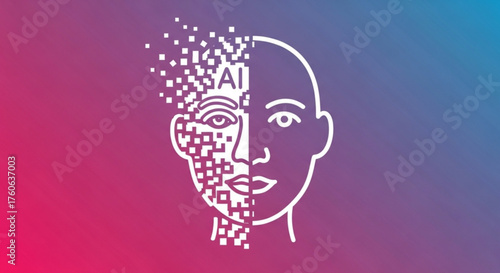 Artificial intelligence concept with half human face and half digital pixelated face on gradient background machine learning and future science concept