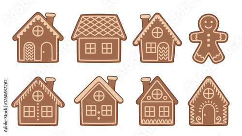 Collection of gingerbread houses and a gingerbread man decorated for christmas