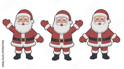 Three cheerful santa claus characters in festive red outfits