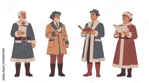 Four victorian carolers in festive winter coats singing holiday songs