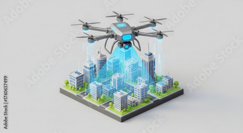 Drone scanning a smart city with futuristic technology, displaying holographic data and information for urban planning and infrastructure management