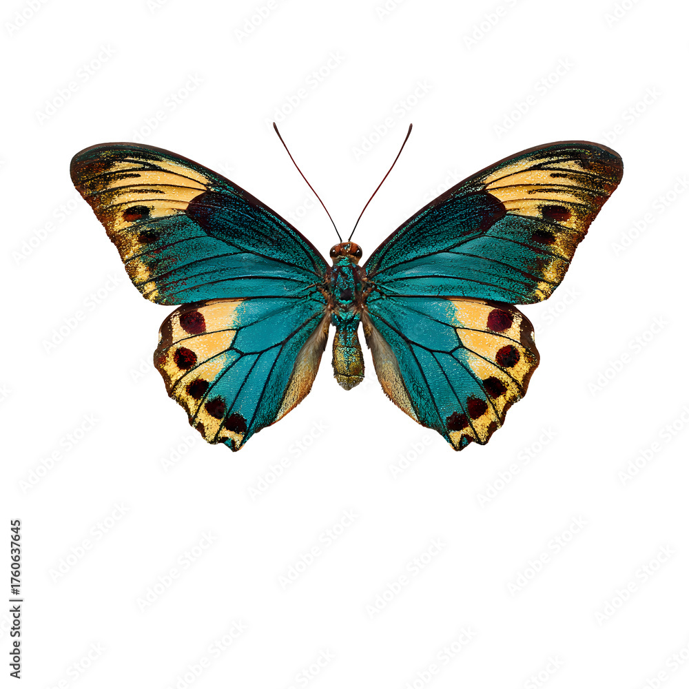 Fototapeta premium Celestial Flutter: A vibrant butterfly, a jewel of nature, unfolds its colorful wings against a bright, airy backdrop. Its intricate patterns and delicate presence evoke a sense of freedom and beauty.