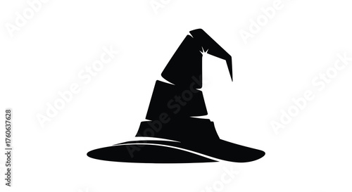 A classic pointy witch hat silhouette with a curved brim and a slightly bent top on a white background