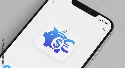 Mobile banking app interface displaying a piggy bank icon with dollar and euro symbols on a modern smartphone