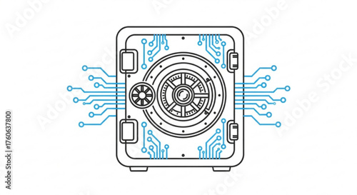 Digital safe with circuit board design, representing cybersecurity and data protection, for secure financial transactions