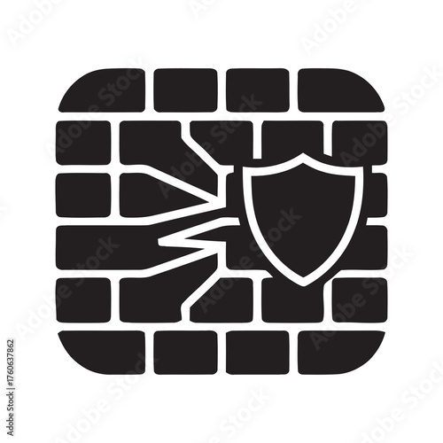 Powerful shield breaking through a brick wall representing strong cybersecurity firewall protection and overcoming digital security threat