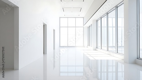 Modern white office corridor with large window and clean lines.