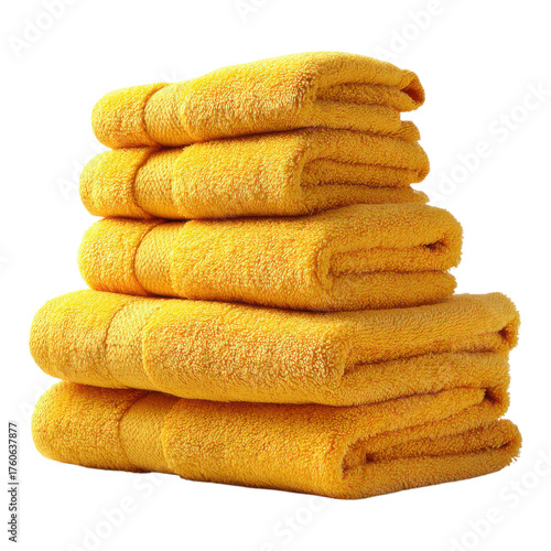 Soft stacked yellow towels on a transparent background