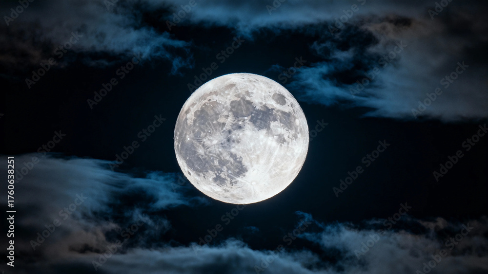Naklejka premium Full moon glowing brightly in a dark sky with scattered clouds