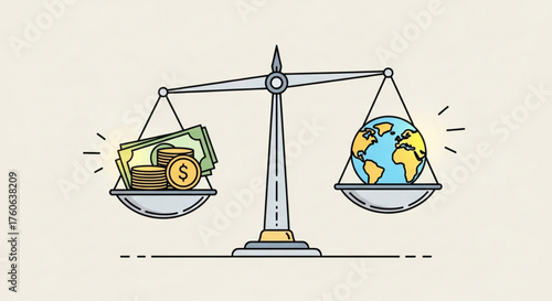 Concept of balance between money and the world, illustrating the importance of environmental protection and sustainable financial practices