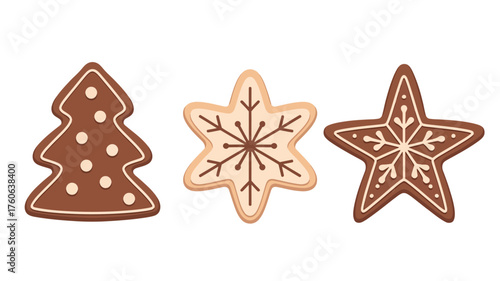 Three festive christmas gingerbread cookies shaped like a tree and stars
