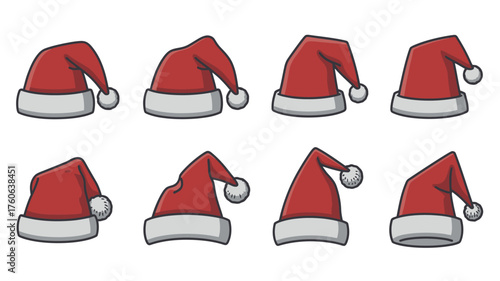 Collection of eight red santa hats with white trim and pom poms