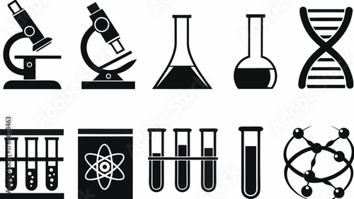 Striking science icons for education, research, and medical designs in black and white, originally a scalable vector