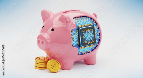 A pink piggy bank with a circuit board inside, representing the concept of digital finance and technology