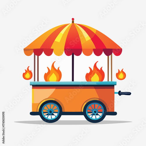 Colorful food cart with flames and umbrella for street food.