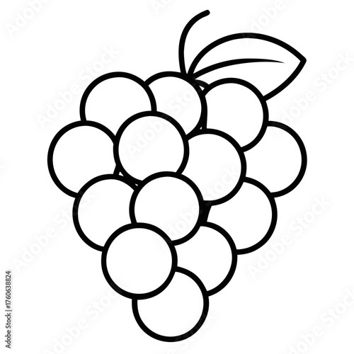 A minimalist black and white line drawing of a cluster of grapes, complete with a stem and a single leaf.