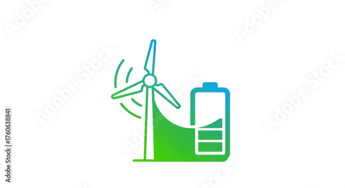Wind turbine and battery, representing renewable energy storage for sustainable power solutions and a cleaner environment